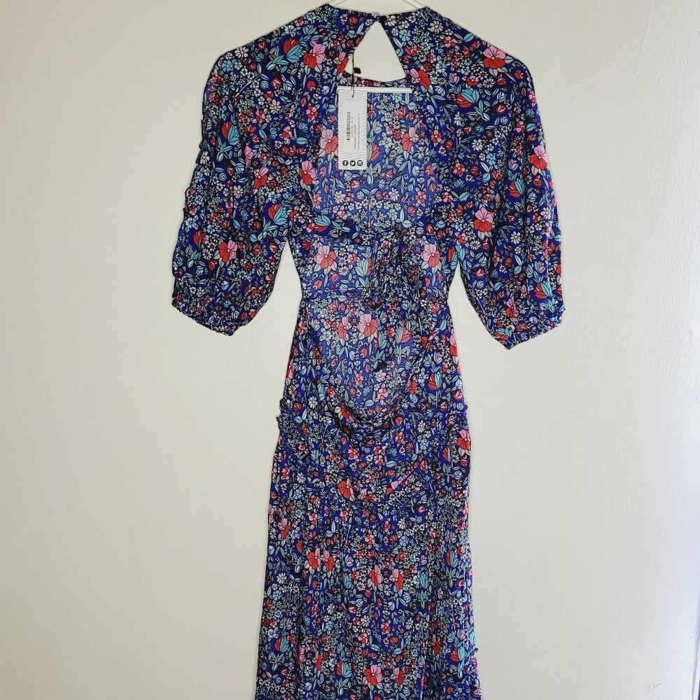 Boohoo Tiered Open Back Maxi Madaxi Dress Floral Size 8 Puff Sleeves Round Neck - Picture 6 of 14